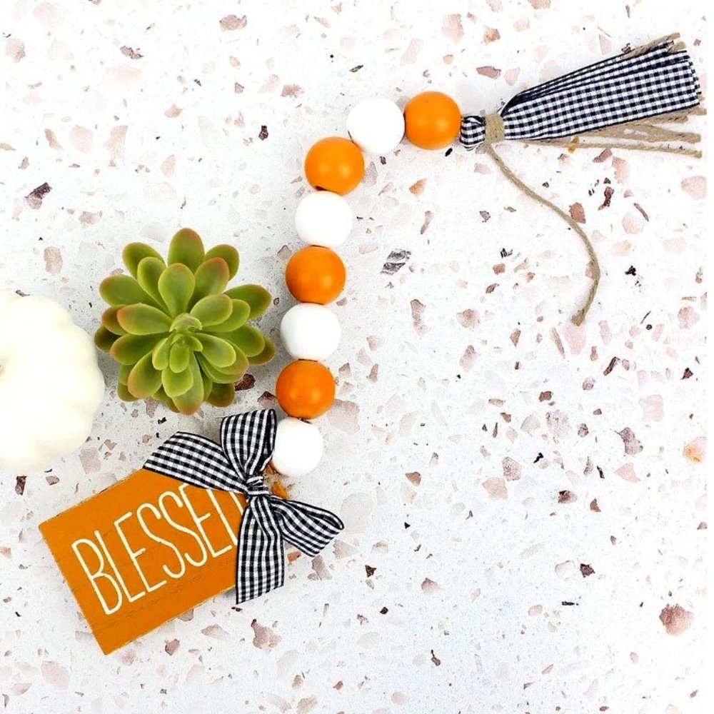 "Blessed" Fall Autumn Décor. Orange, White Wood Beaded Garland. Gingham Ribbon.